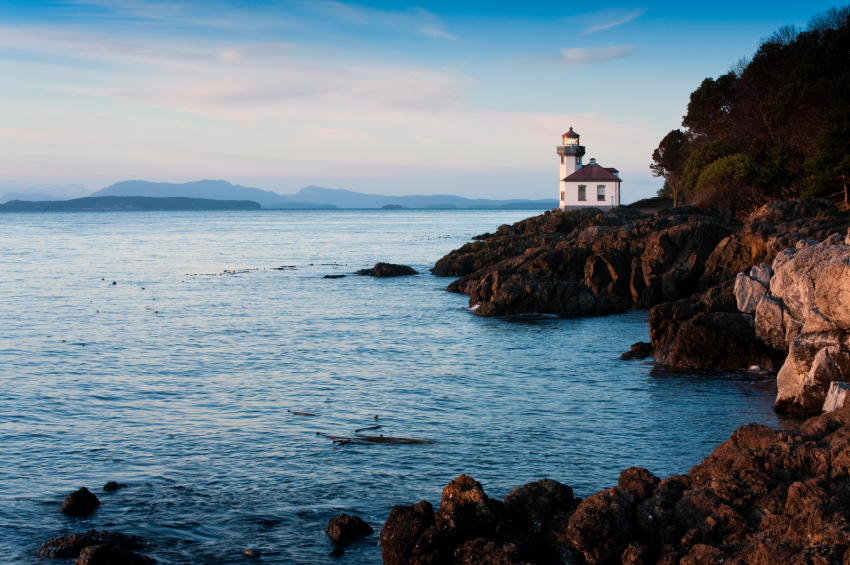 The Lime Kiln Lighthouse sits on Haro Strait on the west coast of San Juan Island in the Puget Sound area of Washington State.