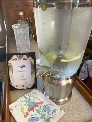SY Tyche, mate Ella's cucumber, celery, lemon and serrano pepper flavoured water.
